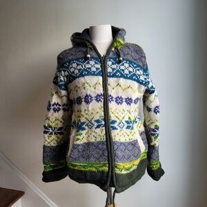 100% Wool Chunky Knit Nordic Colorful Hooded Sweater Jacket Patterned M